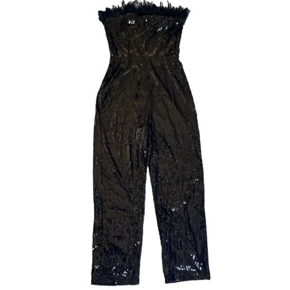 Lulus Strapless Black Sequin Jumpsuit With Ostrich Feather Trim Large NWT - Picture 4 of 12